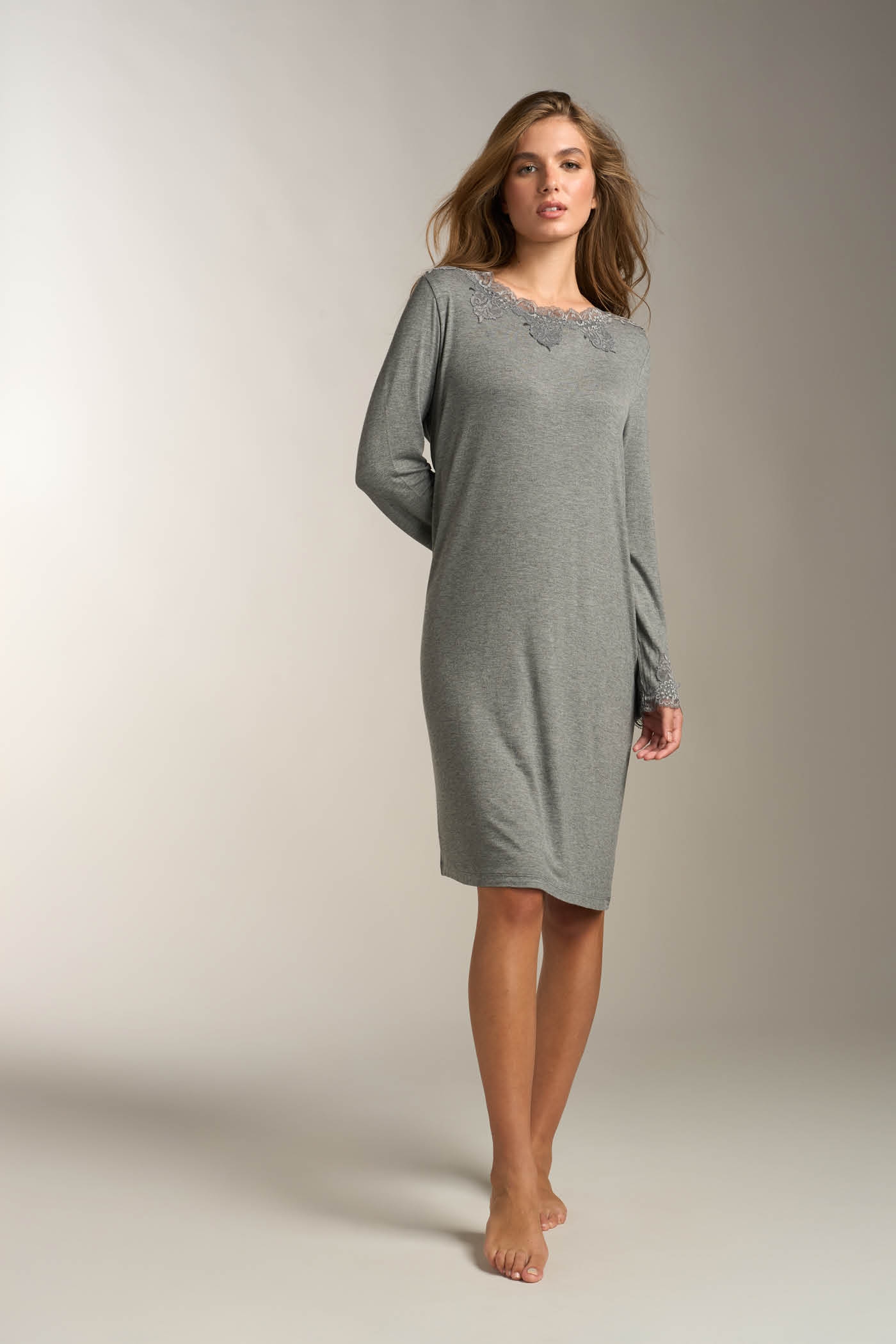 Camicia Da Notte Viscosa Jersey Scollo Barchetta Con Pizzo