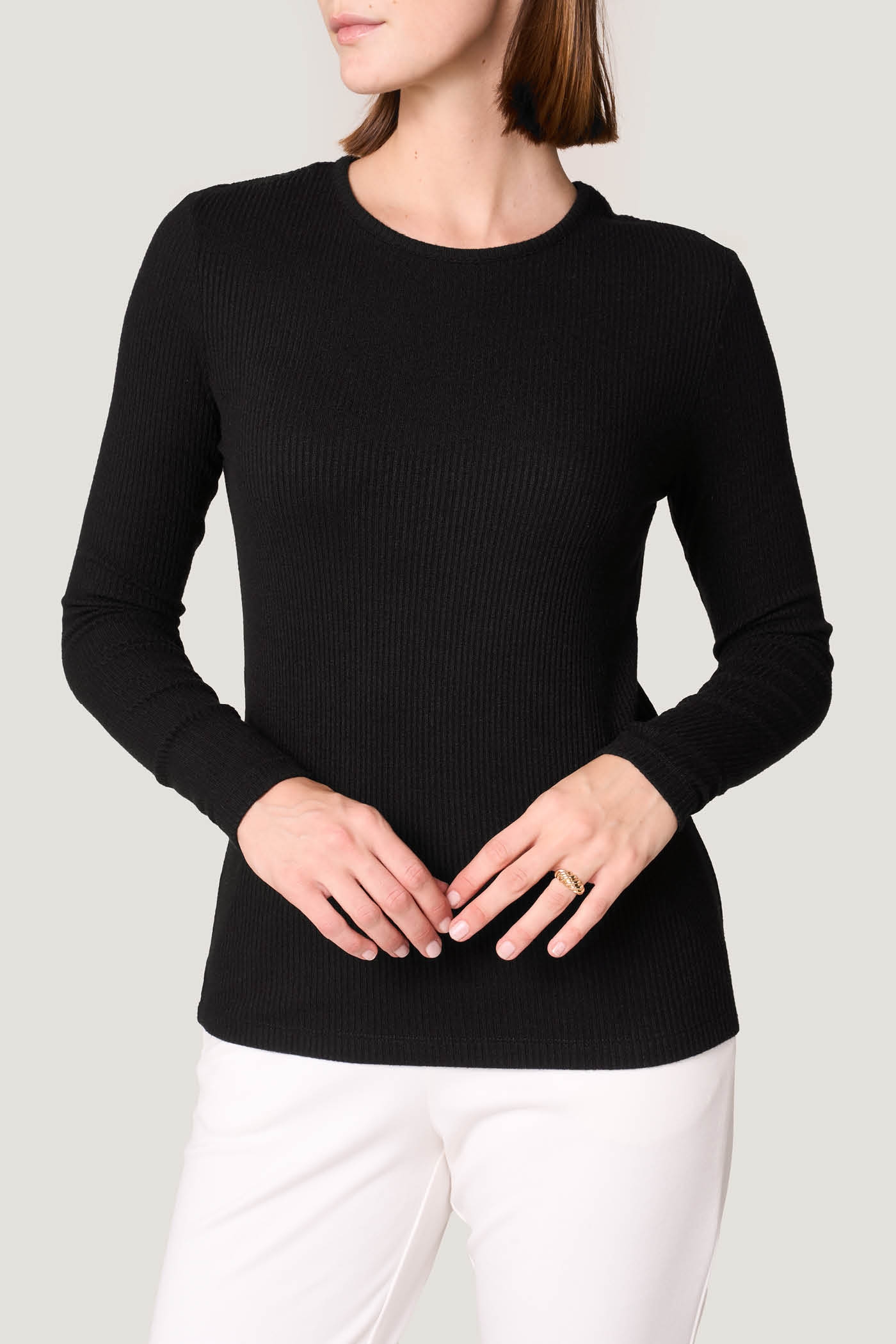 Maglia Girocollo a Costine Manica Lunga Tinta Unita
