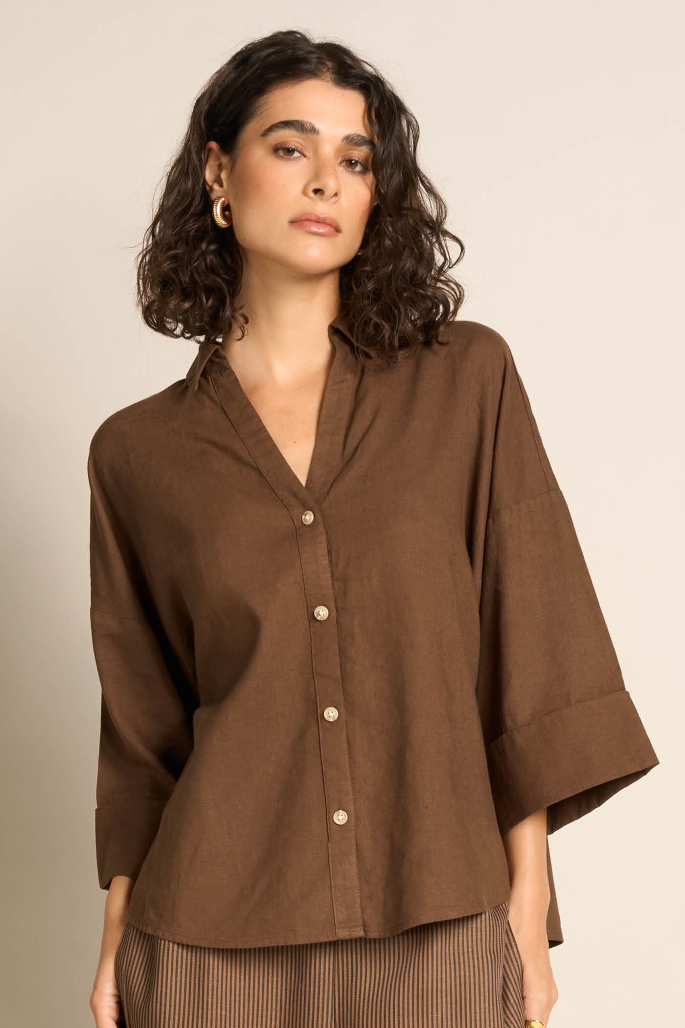 Camicia Over Manica 3/4 Con Lino