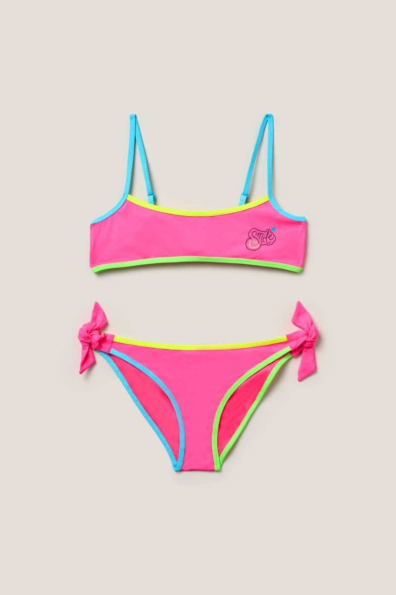 Costume Da Bagno Bimba 3 Pezzi Leopardato - Top Senza Spalline + Bottom Con Fiocco + Fascia