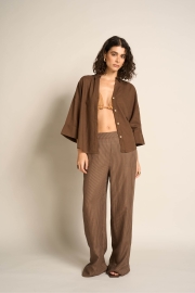 Pantalone Wide Leg A Righe Con Lino