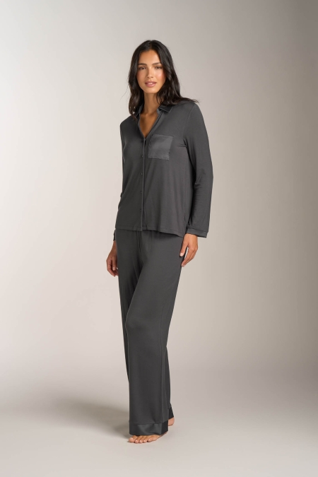 Pigiama Lungo Abbottonato Viscosa Jersey Collo Satin