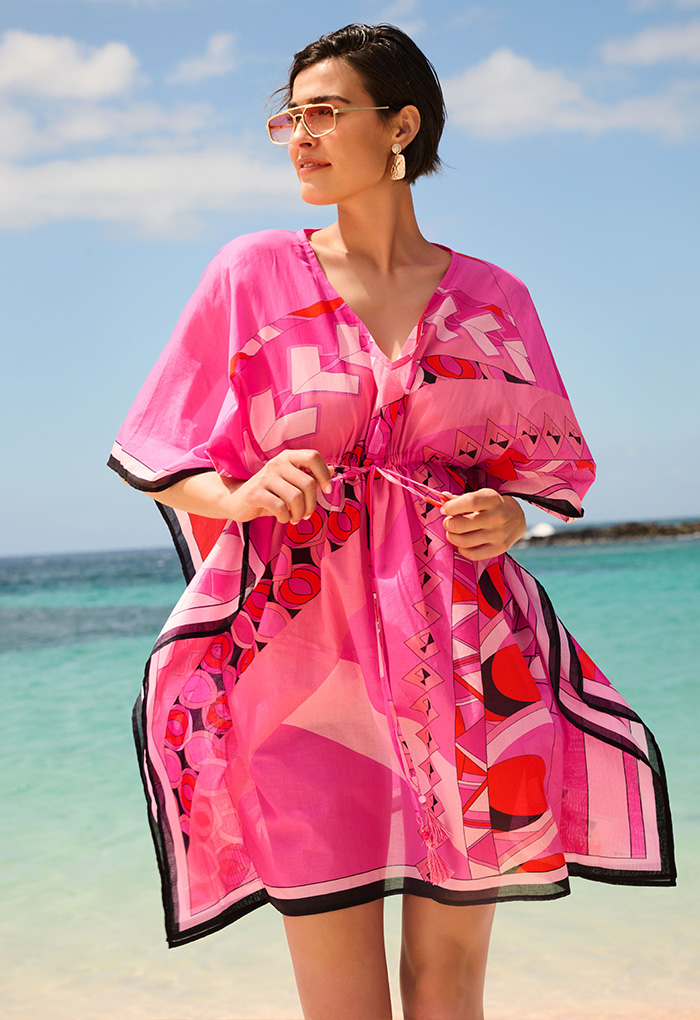 Abito corto donna Serie Groovy Goldenpoint con coulisse, fantasia geometrica rosa