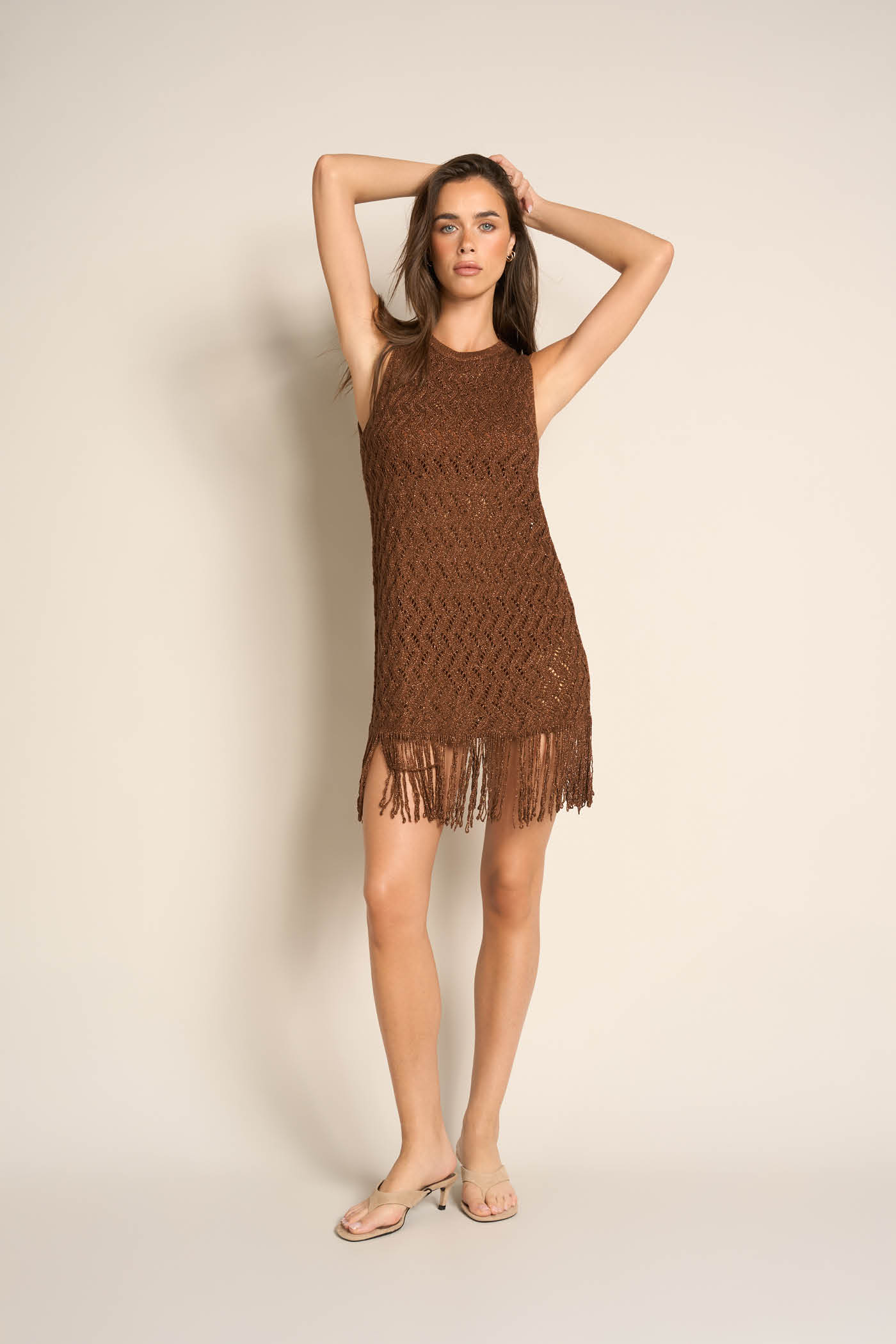 Abito Corto Effetto Crochet Con Frange